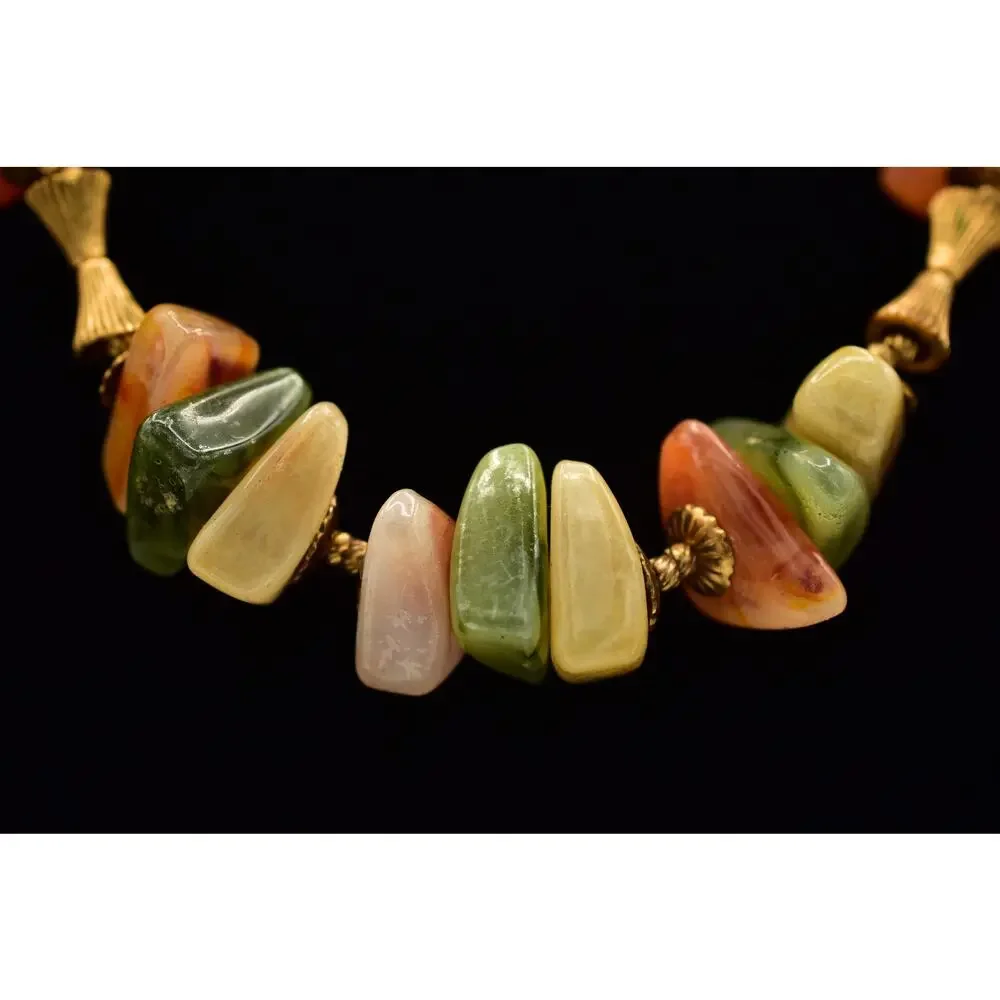 Miriam Haskell Lucite Stone Beaded Necklace Gold Green Orange Signed 1950s BinBN